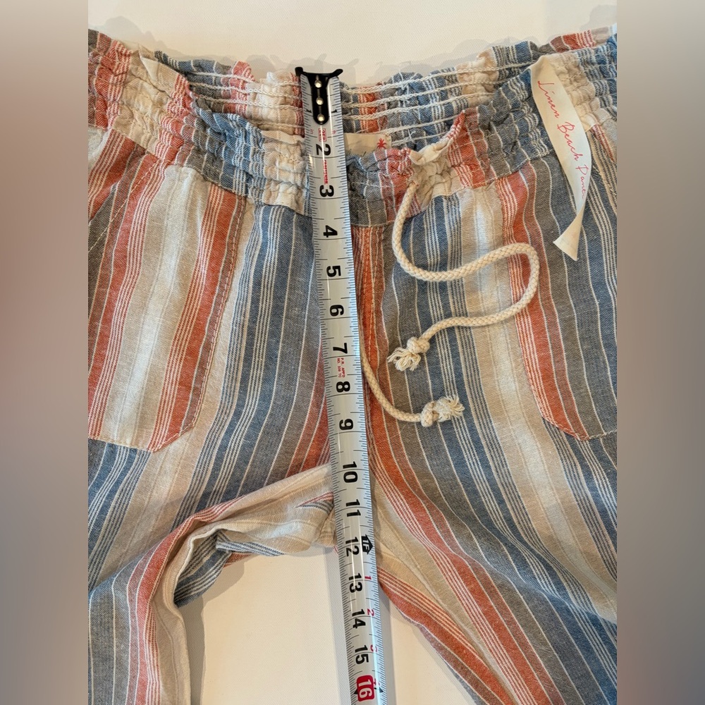 April Kiss Smocked Waist Boho Linen Cotton Blend Large Beach Pants Blue Orange - Picture 5 of 14